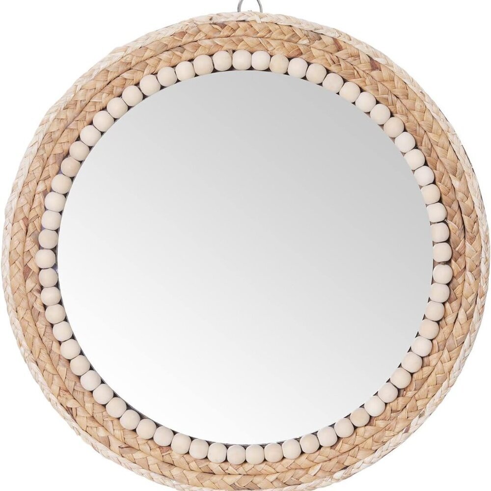 15 Inch Boho Round Hanging Wall Mirror Decorative Rattan Circle Mirrors for Farm